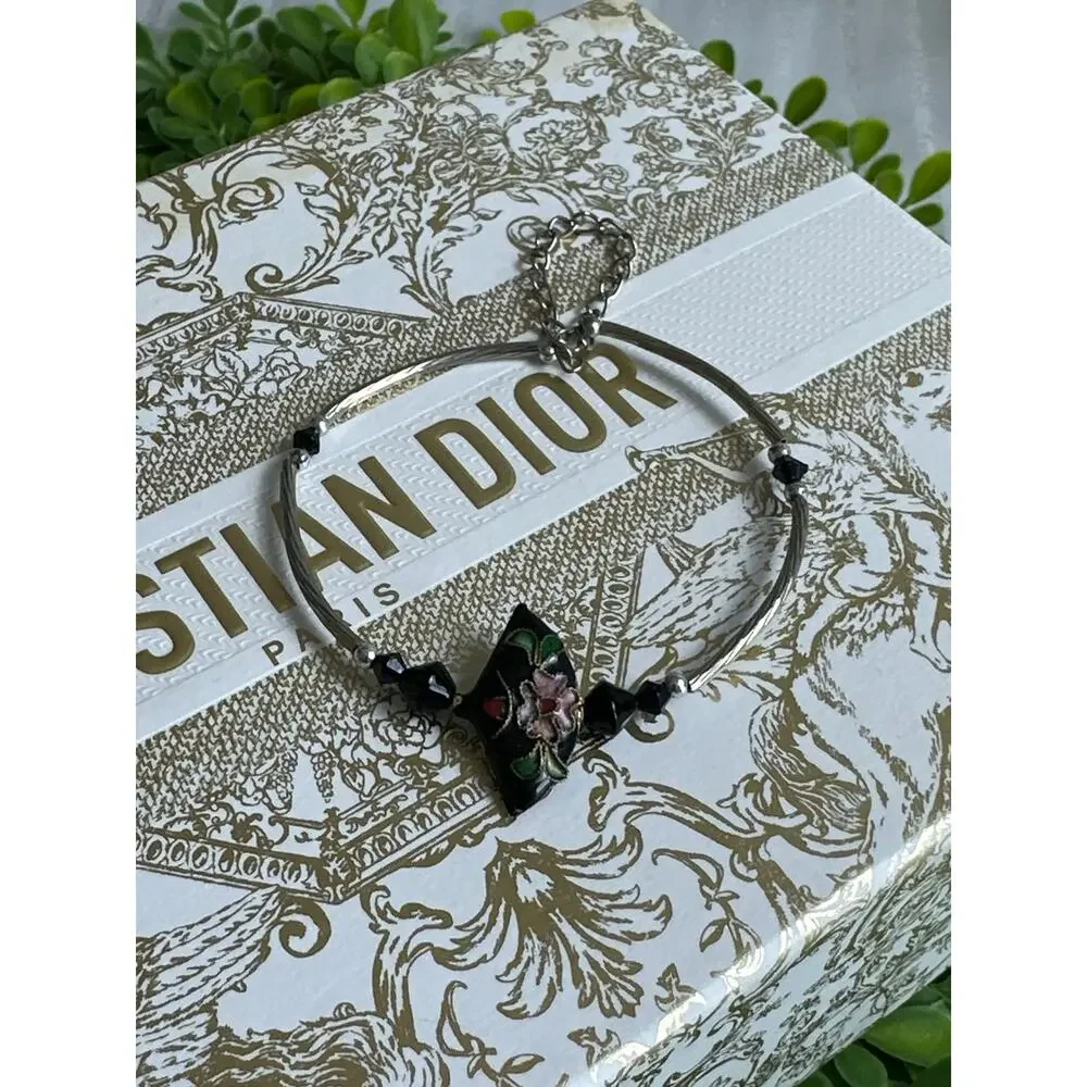 BOGO FREE VTG cloisonné BLACK FAN ADJUSTABLE BRACELET
